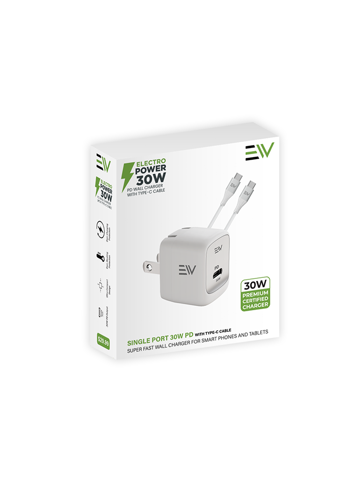 Electro Power - 30W Single Port UL Certified Wall Charger with Type C Cable - White