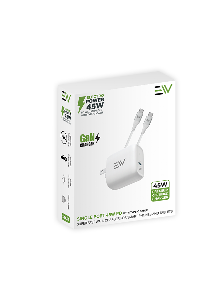Electro Power - 45W Single Port UL Certified Wall Charger with Type C Cable - White