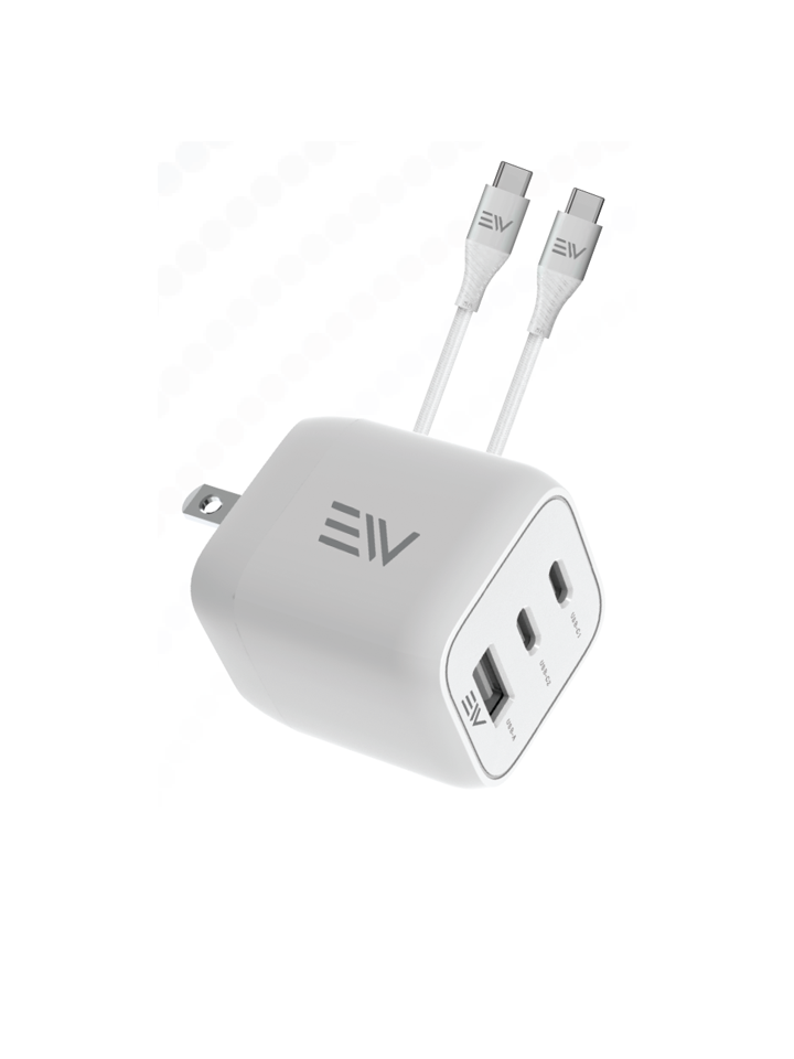 Electro Power - 65W 3 Port UL Certified Wall Charger with Type C Cable - White