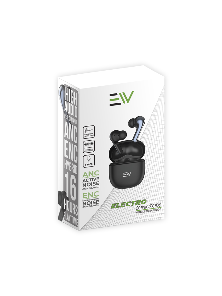 Electro Sonic Pod ANC & ENC with 6Mics Bluetooth Headset - Black